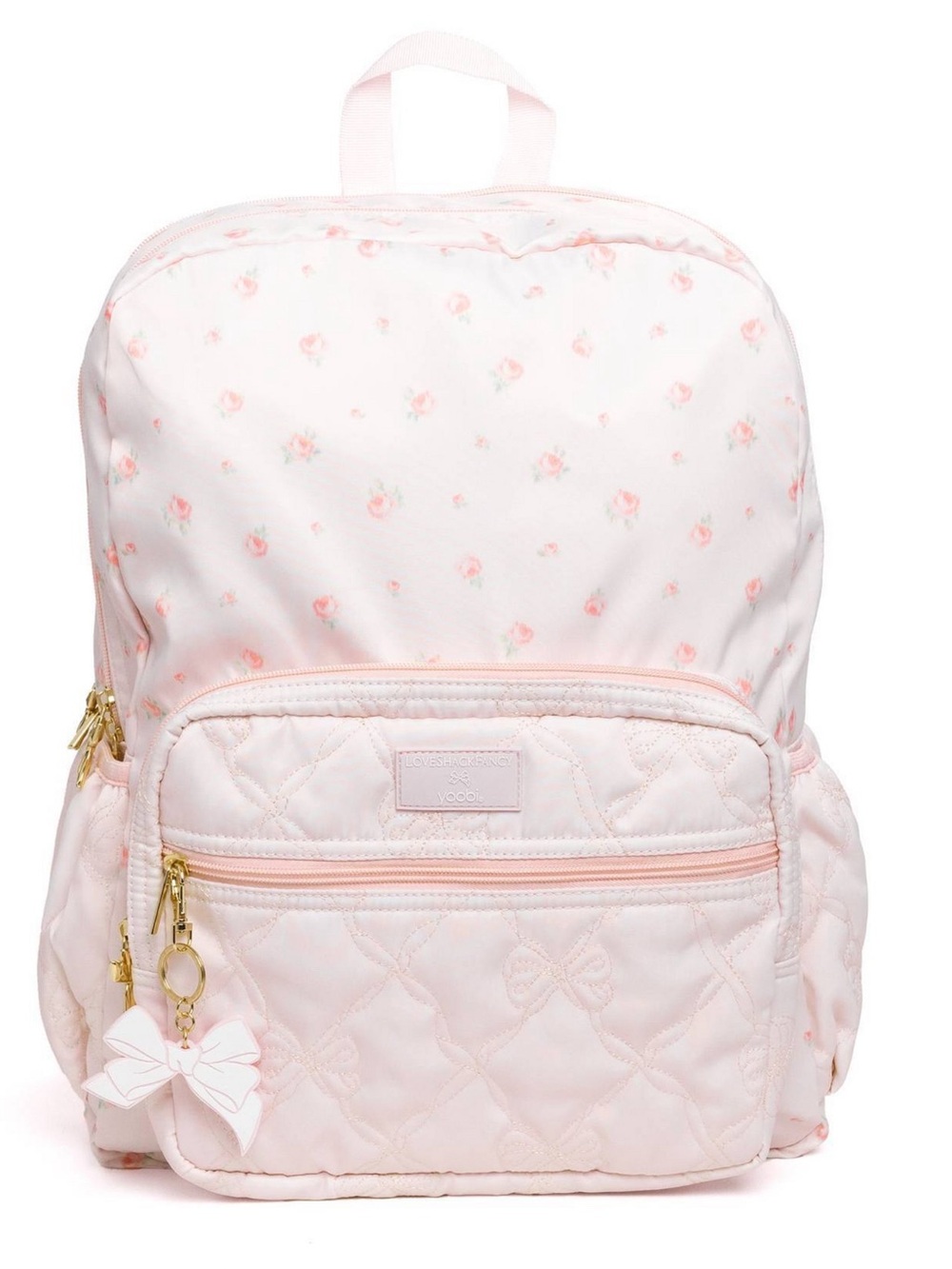 LoveShackFancy Pale Pink Quilted Bow Backpack with Rose Print